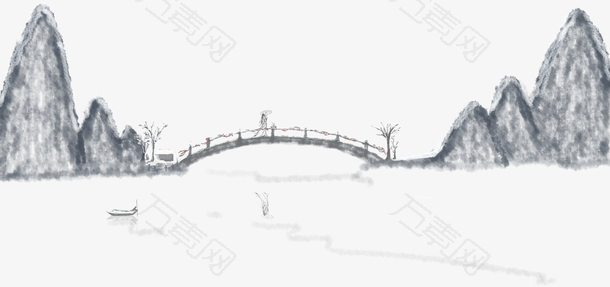 中国风高山拱桥装饰水墨插画