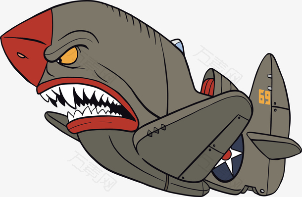 矢量手绘卡通涂鸦鲨鱼战斗机