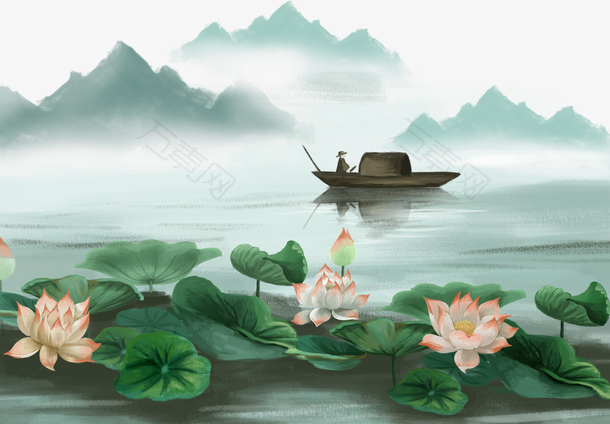 中国风装饰山水荷花插画
