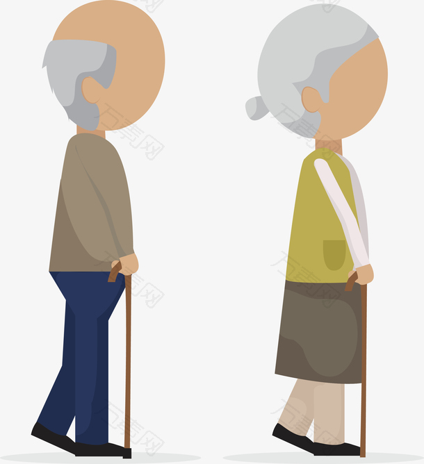 卡通一起走路的老年夫妇