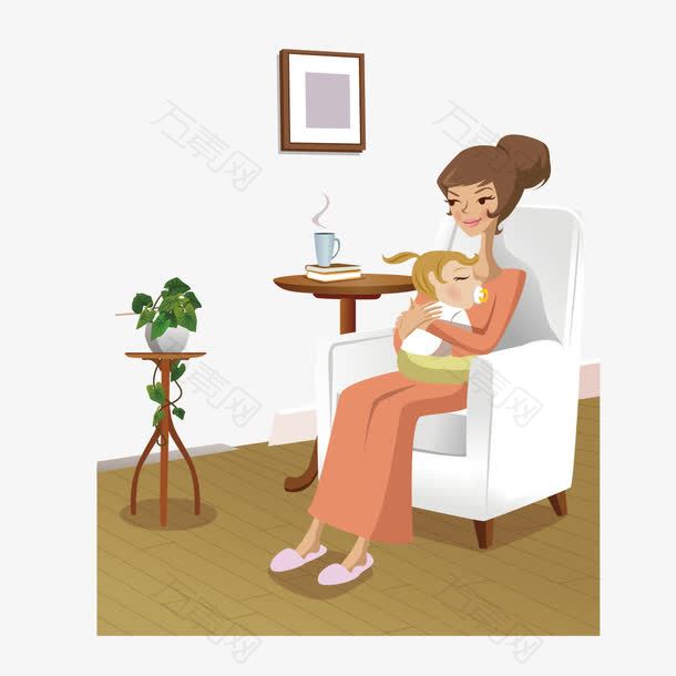 坐在沙发上喂婴儿吃奶的妈妈