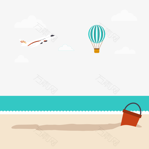 夏天沙滩放风筝热气球矢量素材
