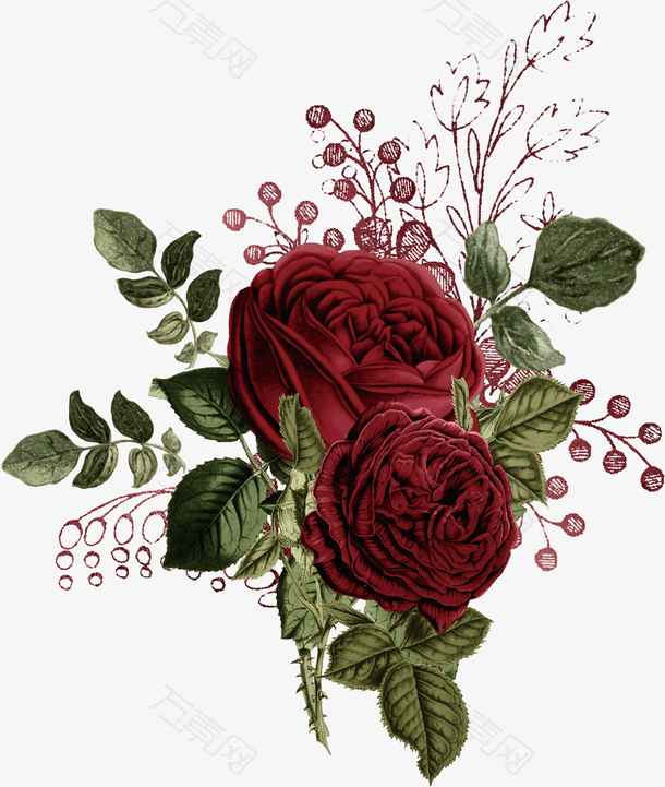 手绘浪漫红色花卉植物