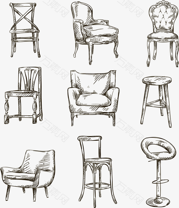 手绘各式椅子和沙发