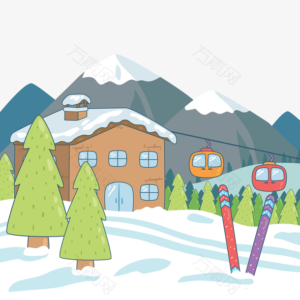 卡通冬季滑雪场风景矢量