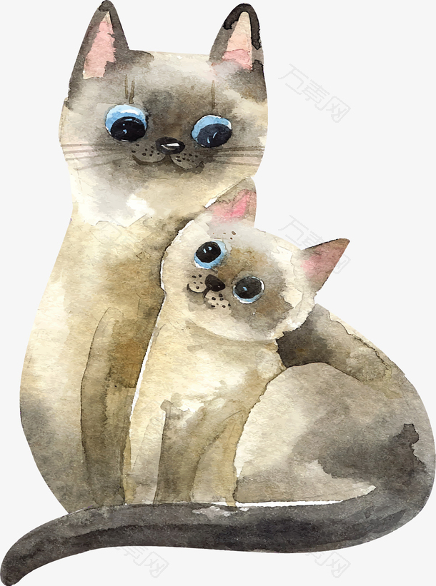 水彩手绘猫咪母子