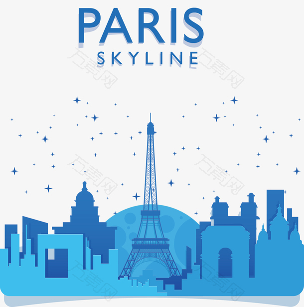巴黎蓝色城市建筑剪影矢量素材