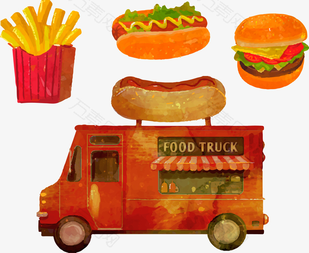 水彩绘快餐车和3种快餐矢量素材