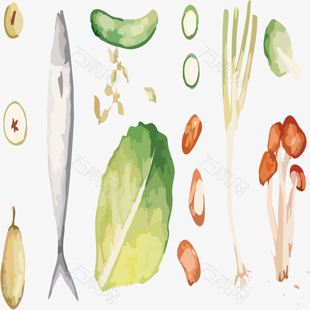 手绘蔬菜与鱼