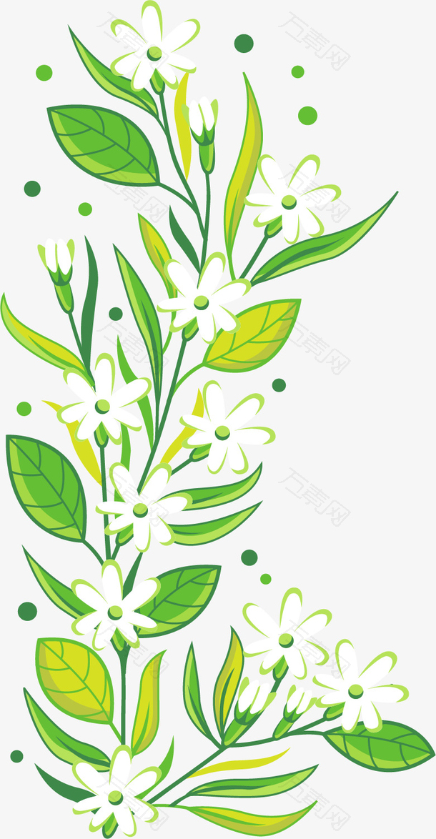 矢量图绿色叶子和白色花朵