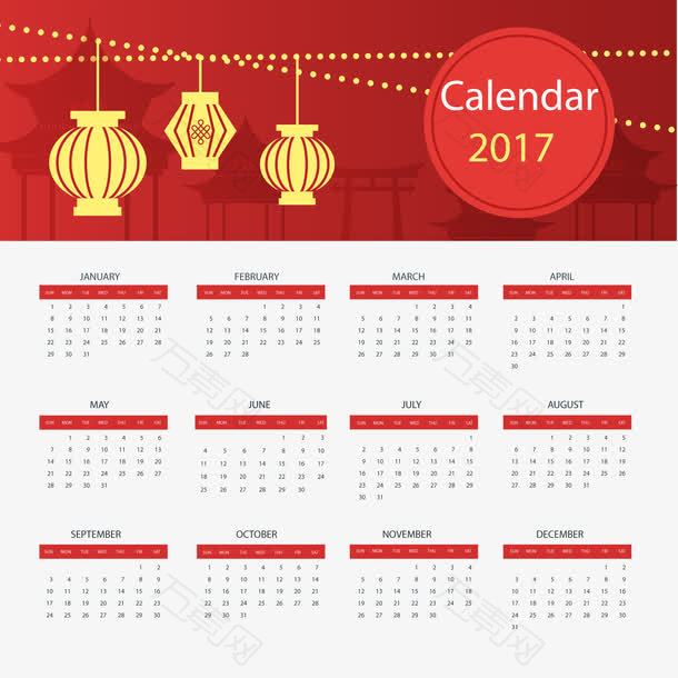 中国新年日历与矢量灯笼