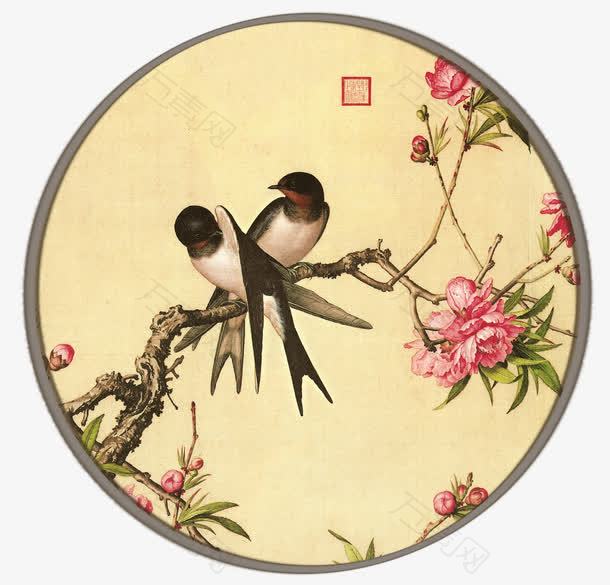 燕子停在盛开桃树上中国风