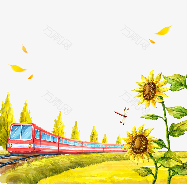 金黄色卡通火车向日葵免抠
