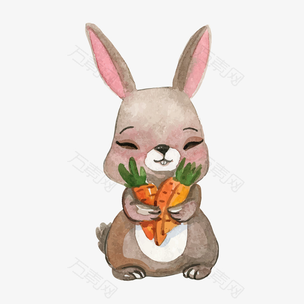 卡通灰色兔子抱着很多胡萝卜