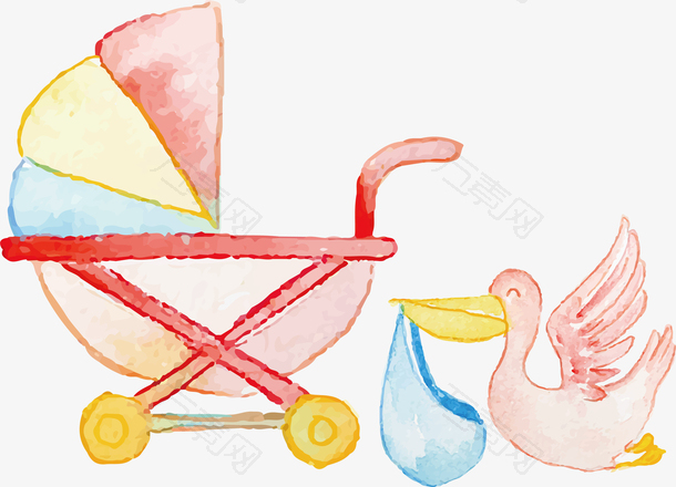 水彩水墨卡通婴儿用品婴儿车素材