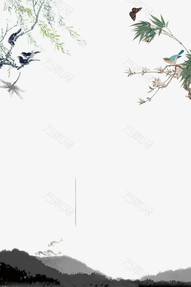 手绘水墨山水与花鸟中国风边框