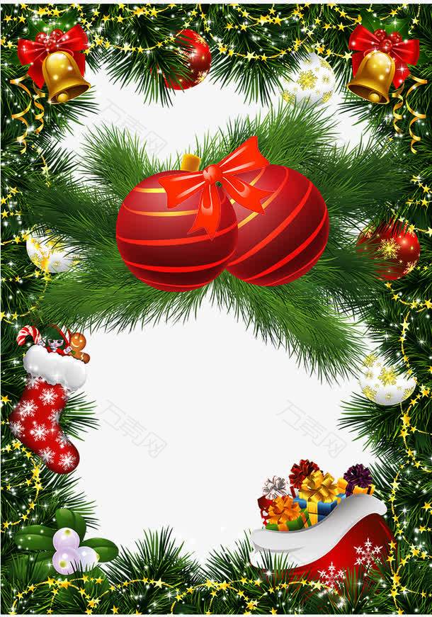 绿色边框装饰和红色圣诞礼物球