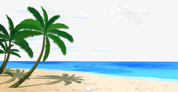 卡通手绘海边风景沙滩椰树海水