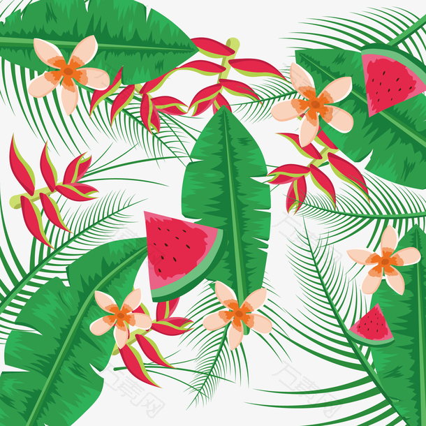 热带植物花框西瓜装饰图案