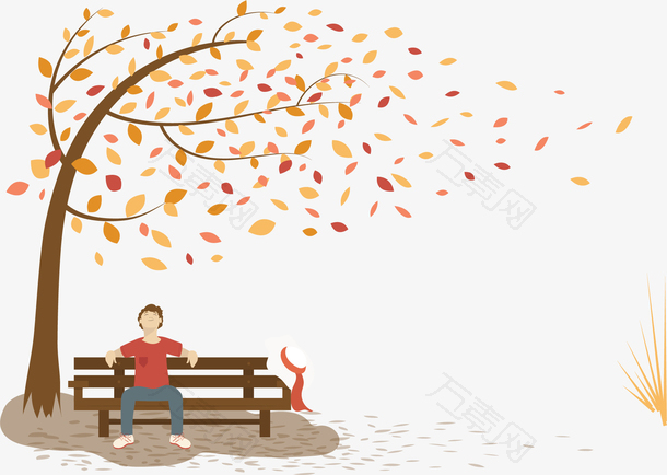 秋季公园长凳落叶