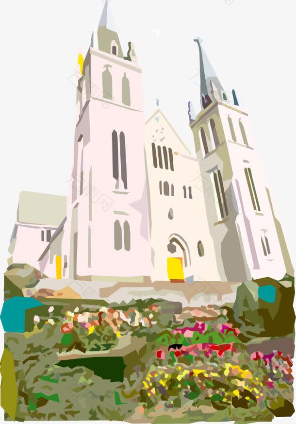 欧式尖顶教堂手绘