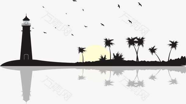 海边灯塔剪影海鸥椰树矢量图