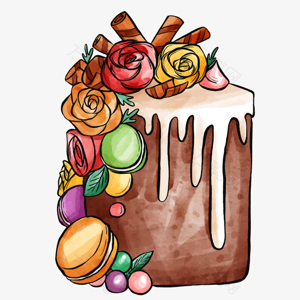 水彩风手绘生日花朵奶油蛋糕素材