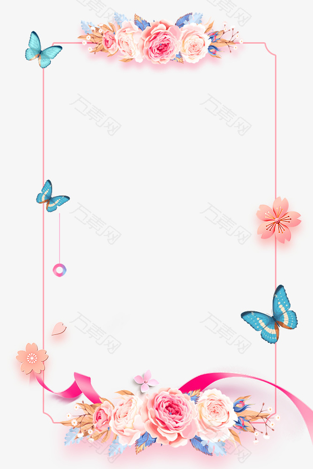 春季手绘花朵与蝴蝶装饰边框