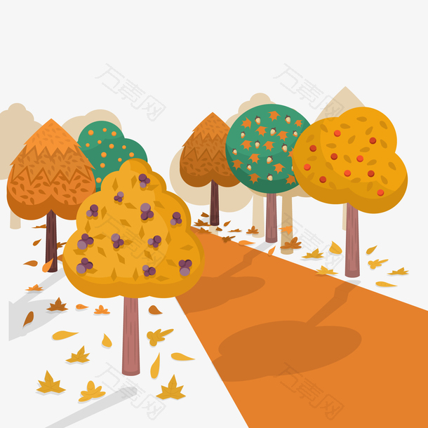 卡通秋季树木道路风景矢量