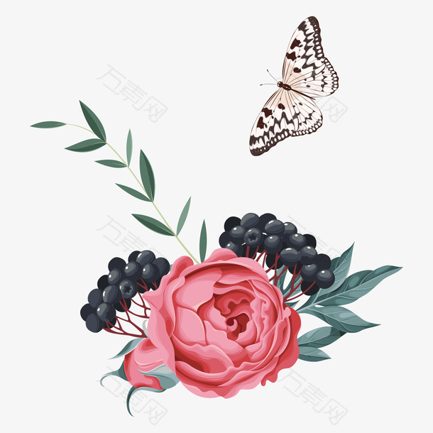 母亲节美丽的花朵和蝴蝶装饰插画