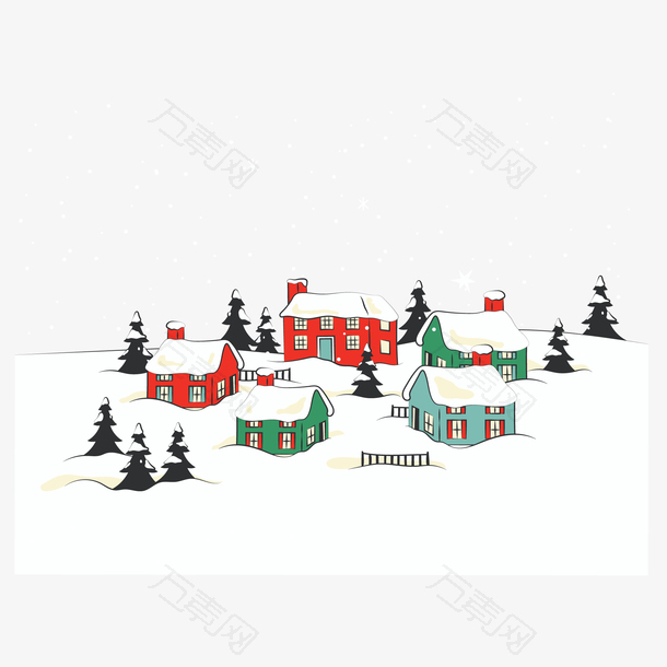 矢量手绘冬季雪地房屋插画