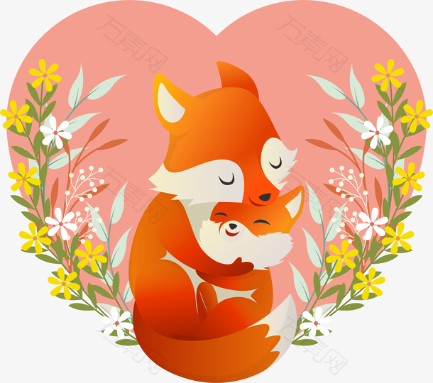 手绘母亲节动物狐狸母子矢量素材