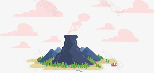 卡通粉红色的云朵和火山矢量图