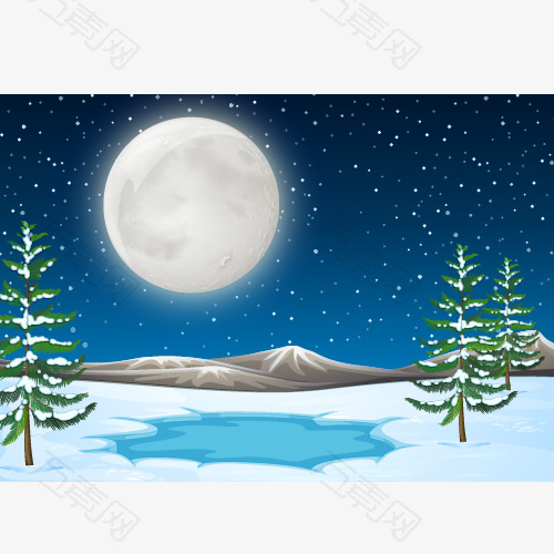 十五的月亮与池塘的雪场面