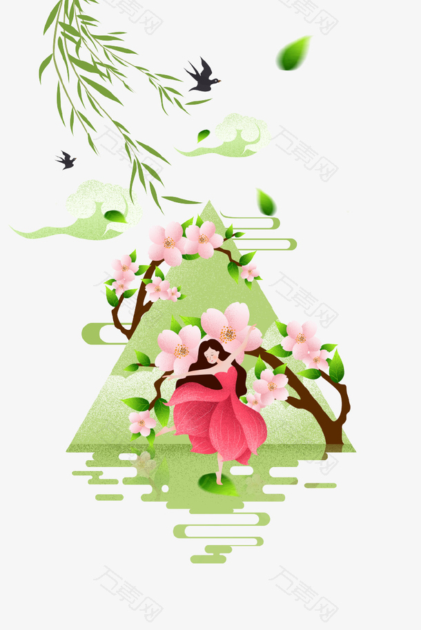 绿色清新春季舞蹈花朵插画