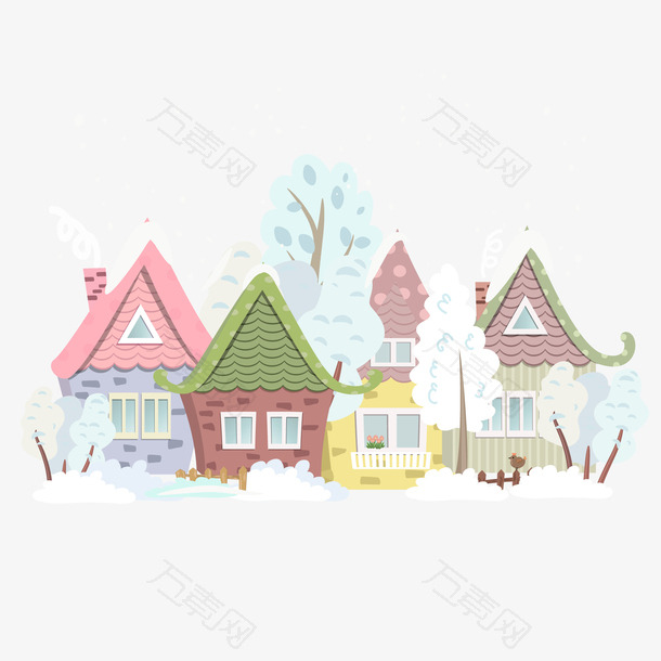 矢量手绘冬季房屋场景图