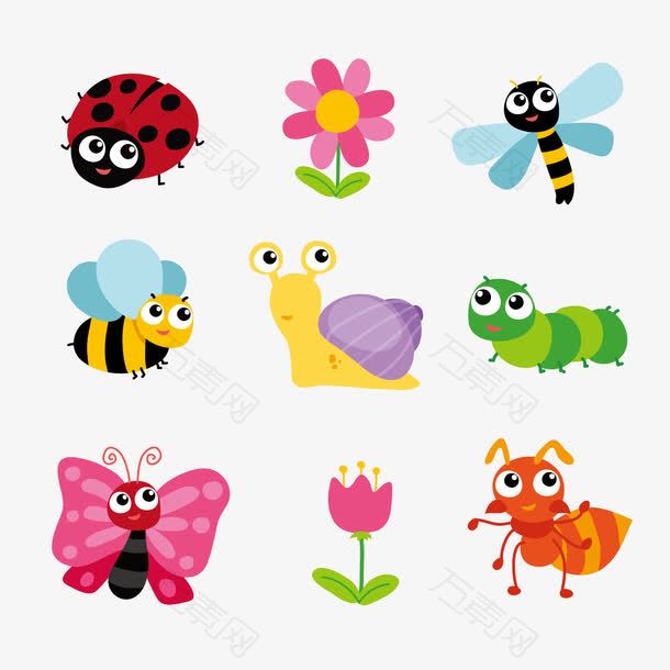 可爱昆虫和花卉矢量图