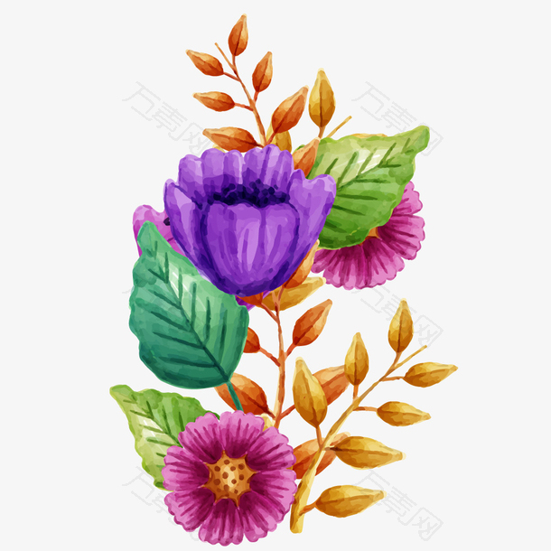 水彩彩绘紫色花卉花朵装饰矢量素