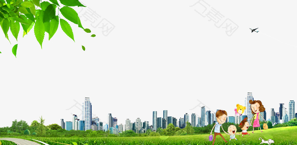 绿色卡通春游城市环保插画