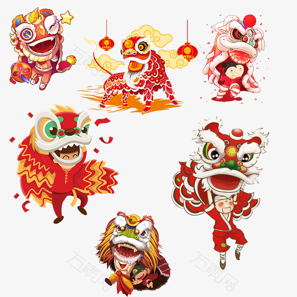卡通新年春节舞狮子舞龙