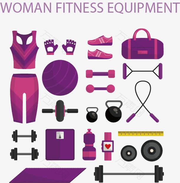女性健身装备和健身器材卡通图标