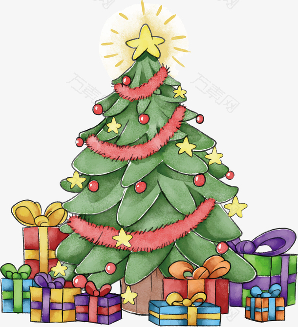 矢量手绘圣诞树和礼物