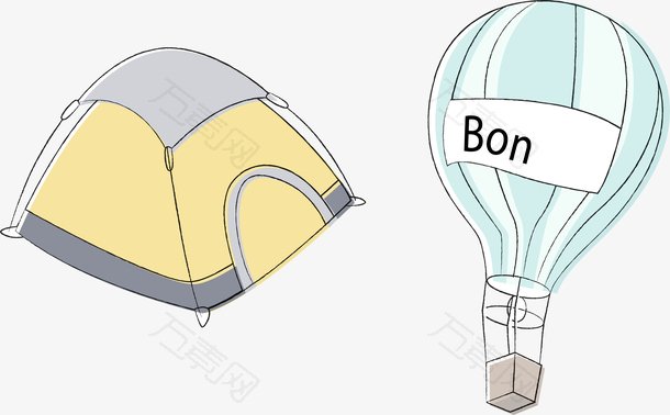 降落伞帐篷矢量手绘卡通旅游元素