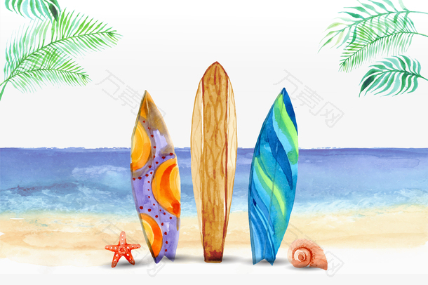 手绘风格三块滑板插在沙滩上矢量