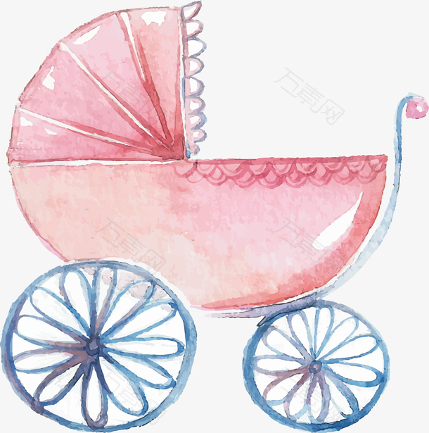 粉色水彩手推婴儿车