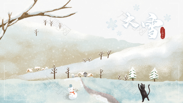 冬季大雪雪人树枝猫雪花