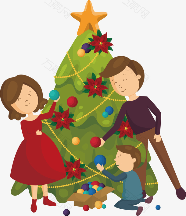 一家人装饰圣诞树