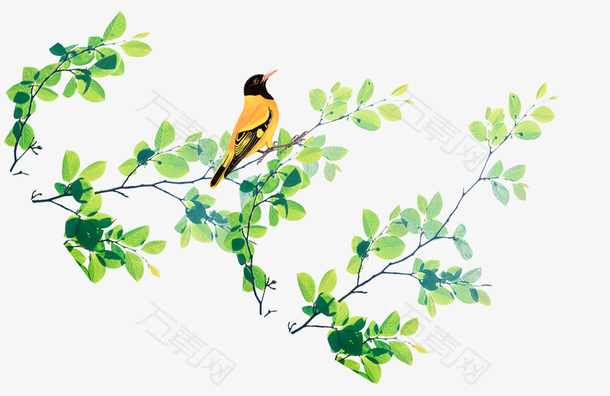 卡通手绘绿枝上的小鸟