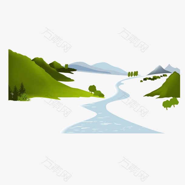 矢量山川河流绿色山峰树木小河