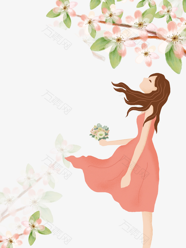 免抠卡通手绘树下拿着花朵的女孩